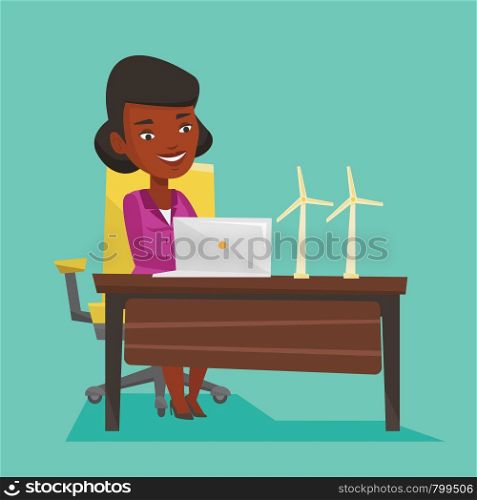 An african-american worker of wind farm working on laptop. Engineer projecting wind turbine. Worker with model of wind turbine. Vector flat design illustration. Square layout.. Woman working with model of wind turbines.