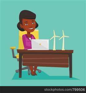 An african-american worker of wind farm working on laptop. Engineer projecting wind turbine. Worker with model of wind turbine. Vector flat design illustration. Square layout.. Woman working with model of wind turbines.