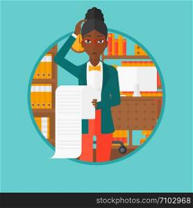 An african-american worried business woman holding a long bill in office and clutching her head. Concept of business bankruptcy. Vector flat design illustration in the circle isolated on background.. Woman holding long bill vector illustration.