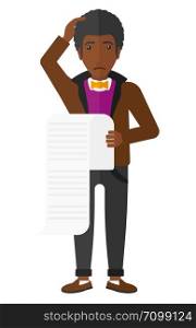 An african-american worried employee holding a long bill in hand vector flat design illustration isolated on white background. . Man holding long bill.