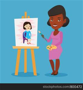 An african-american young artist painting a female model on canvas. Creative female artist drawing on an easel. Cheerful artist working on painting. Vector flat design illustration. Square layout.. Creative female artist painting portrait.