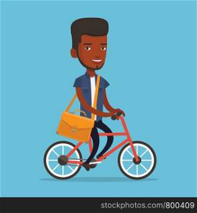 An african-american young business man riding a bicycle. Cyclist riding a bicycle. Business man with briefcase on a bicycle. Healthy lifestyle concept. Vector flat design illustration. Square layout.. Man riding bicycle vector illustration.