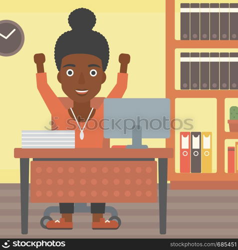 An african-american young business woman celebrating with arms up while sitting at the table in office. Successful business concept. Vector flat design illustration. Square layout.. Successful business woman vector illustration.