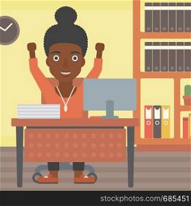 An african-american young business woman celebrating with arms up while sitting at the table in office. Successful business concept. Vector flat design illustration. Square layout.. Successful business woman vector illustration.