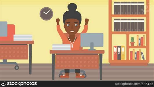 An african-american young business woman celebrating with arms up while sitting at the table in office. Successful business concept. Vector flat design illustration. Horizontal layout.. Successful business woman vector illustration.