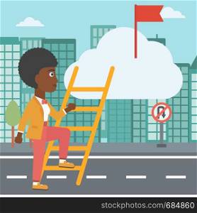 An african-american young business woman climbing up the ladder to get the red flag on the top of the cloud. Vector flat design illustration. Square layout.. Leader business woman vector illustration.