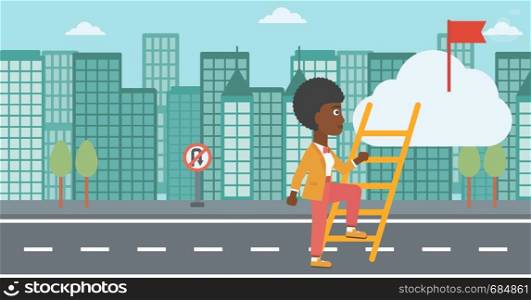 An african-american young business woman climbing up the ladder to get the red flag on the top of the cloud. Vector flat design illustration. Horizontal layout.. Leader business woman vector illustration.