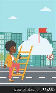 An african-american young business woman climbing up the ladder to get the red flag on the top of the cloud. Vector flat design illustration. Vertical layout.. Leader business woman vector illustration.