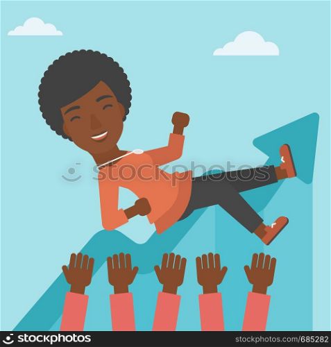 An african-american young business woman get thrown into the air by coworkers during celebration. Successful business concept. Vector flat design illustration. Square layout.. Successful business woman during celebration.