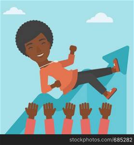 An african-american young business woman get thrown into the air by coworkers during celebration. Successful business concept. Vector flat design illustration. Square layout.. Successful business woman during celebration.