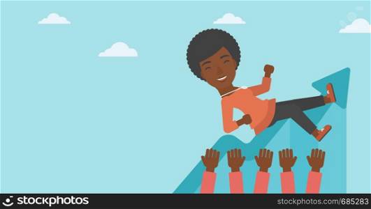 An african-american young business woman get thrown into the air by coworkers during celebration. Successful business concept. Vector flat design illustration. Horizontal layout.. Successful business woman during celebration.
