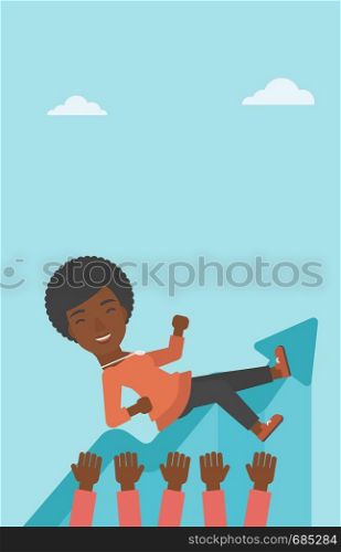 An african-american young business woman get thrown into the air by coworkers during celebration. Successful business concept. Vector flat design illustration. Vertical layout.. Successful business woman during celebration.