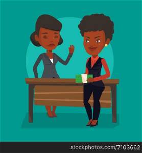 An african-american young business woman giving a bribe. Uncorrupted business woman refusing to take a bribe. Bribery and corruption concept. Vector flat design illustration. Square layout.. Uncorrupted woman refusing to take bribe.