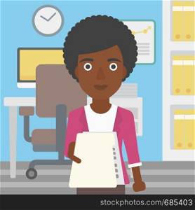 An african-american young business woman giving a resume in office. Woman giving to the employer her curriculum vitae. Job interview concept. Vector flat design illustration. Square layout.. Woman giving resume vector illustration.