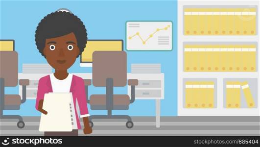An african-american young business woman giving a resume in office. Woman giving to the employer her curriculum vitae. Job interview concept. Vector flat design illustration. Horizontal layout.. Woman giving resume vector illustration.