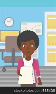 An african-american young business woman giving a resume in office. Woman giving to the employer her curriculum vitae. Job interview concept. Vector flat design illustration. Vertical layout.. Woman giving resume vector illustration.