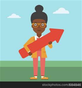 An african-american young business woman holding a big arrow in hands. Successful business concept. Vector flat design illustration. Square layout.. Business woman with arrow up vector illustration.