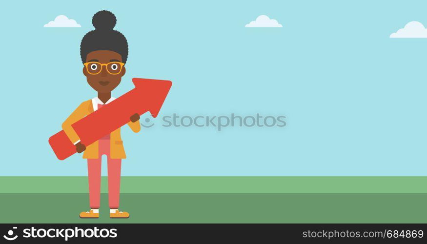 An african-american young business woman holding a big arrow in hands. Successful business concept. Vector flat design illustration. Horizontal layout.. Business woman with arrow up vector illustration.