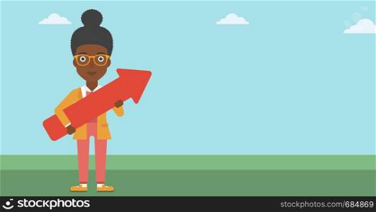 An african-american young business woman holding a big arrow in hands. Successful business concept. Vector flat design illustration. Horizontal layout.. Business woman with arrow up vector illustration.