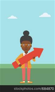 An african-american young business woman holding a big arrow in hands. Successful business concept. Vector flat design illustration. Vertical layout.. Business woman with arrow up vector illustration.