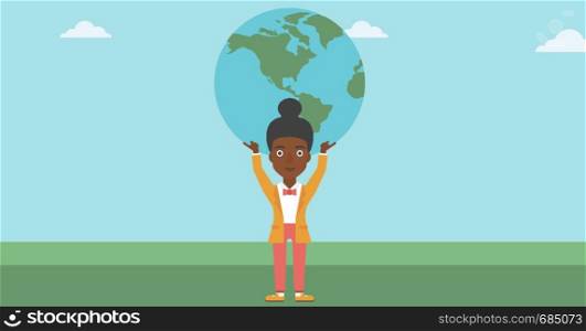 An african-american young business woman holding a big Earth globe over her head. Concept of global business. Vector flat design illustration. Horizontal layout.. Business woman holding Earth globe.