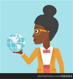 An african-american young business woman holding Earth globe in hand. Concept of global business. Vector flat design illustration. Square layout.. Business woman holding Earth globe.