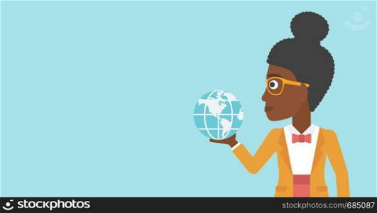 An african-american young business woman holding Earth globe in hand. Concept of global business. Vector flat design illustration. Horizontal layout.. Business woman holding Earth globe.