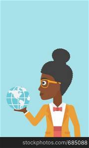 An african-american young business woman holding Earth globe in hand. Concept of global business. Vector flat design illustration. Vertical layout.. Business woman holding Earth globe.