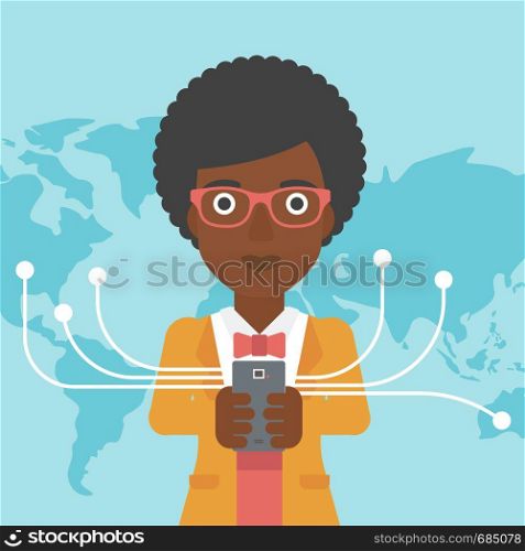 An african-american young business woman holding smartphone connected with the whole world. Concept of global business. Vector flat design illustration. Square layout.. Business woman using smartphone.