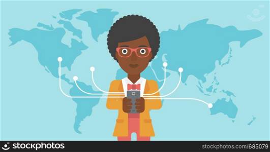 An african-american young business woman holding smartphone connected with the whole world. Concept of global business. Vector flat design illustration. Horizontal layout.. Business woman using smartphone.