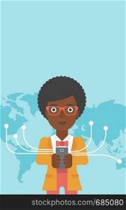 An african-american young business woman holding smartphone connected with the whole world. Concept of global business. Vector flat design illustration. Vertical layout.. Business woman using smartphone.