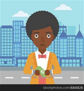 An african-american young business woman in handcuffs with money in hands on the background of modern city. Business woman handcuffed for crime. Vector flat design illustration. Square layout.. Business woman handcuffed for crime.