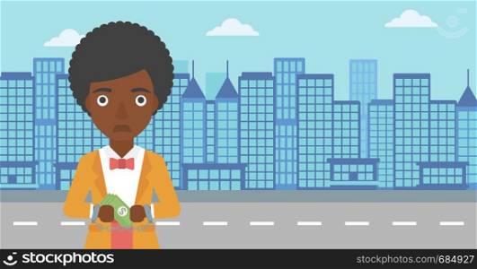 An african-american young business woman in handcuffs with money in hands on the background of modern city. Business woman handcuffed for crime. Vector flat design illustration. Horizontal layout.. Business woman handcuffed for crime.