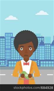 An african-american young business woman in handcuffs with money in hands on the background of modern city. Business woman handcuffed for crime. Vector flat design illustration. Vertical layout.. Business woman handcuffed for crime.