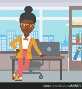 An african-american young business woman leaning on a table in the office. Young smiling business woman standing in the office. Vector flat design illustration. Square layout.. Business woman standing in the office.