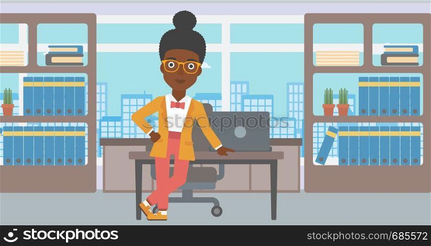 An african-american young business woman leaning on a table in the office. Young smiling business woman standing in the office. Vector flat design illustration. Horizontal layout.. Business woman standing in the office.