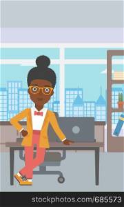 An african-american young business woman leaning on a table in the office. Young smiling business woman standing in the office. Vector flat design illustration. Vertical layout.. Business woman standing in the office.