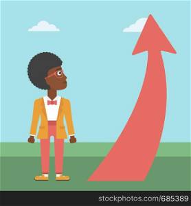 An african-american young business woman looking at a red arrow going up. Successful business concept. Vector flat design illustration. Square layout.. Business woman looking at arrow going up.