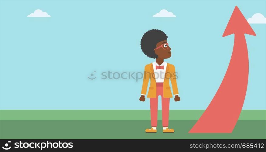 An african-american young business woman looking at a red arrow going up. Successful business concept. Vector flat design illustration. Horizontal layout.. Business woman looking at arrow going up.