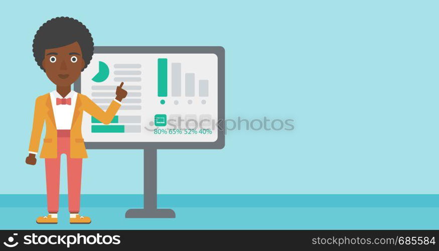 An african-american young business woman pointing at charts on a board during business presentation. Business woman giving a business presentation. Vector flat design illustration. Horizontal layout.. Businesswoman making business presentation.