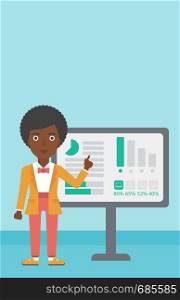 An african-american young business woman pointing at charts on a board during business presentation. Business woman giving a business presentation. Vector flat design illustration. Vertical layout.. Businesswoman making business presentation.