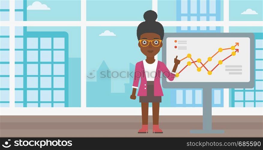 An african-american young business woman pointing at charts on a board during business presentation. Business woman giving a business presentation. Vector flat design illustration. Horizontal layout.. Businesswoman making business presentation.