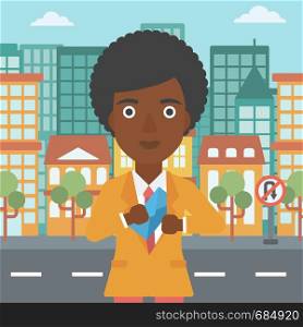 An african-american young business woman putting an envelope in her pocket on a city background. Vector flat design illustration. Square layout.. Woman putting envelope in pocket.