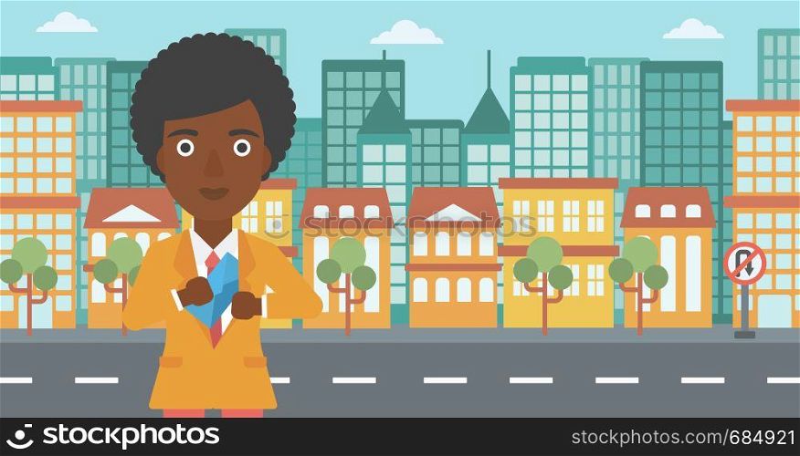 An african-american young business woman putting an envelope in her pocket on a city background. Vector flat design illustration. Horizontal layout.. Woman putting envelope in pocket.