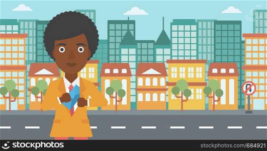 An african-american young business woman putting an envelope in her pocket on a city background. Vector flat design illustration. Horizontal layout.. Woman putting envelope in pocket.