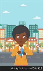 An african-american young business woman putting an envelope in her pocket on a city background. Vector flat design illustration. Vertical layout.. Woman putting envelope in pocket.