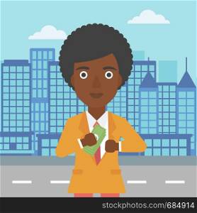An african-american young business woman putting money in her pocket on a city background. Vector flat design illustration. Square layout.. Woman putting money in pocket vector illustration.