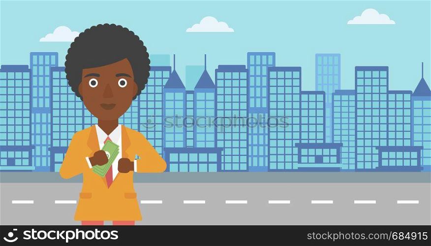 An african-american young business woman putting money in her pocket on a city background. Vector flat design illustration. Horizontal layout.. Woman putting money in pocket vector illustration.