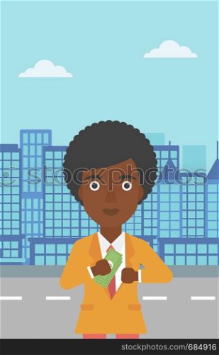 An african-american young business woman putting money in her pocket on a city background. Vector flat design illustration. Vertical layout.. Woman putting money in pocket vector illustration.