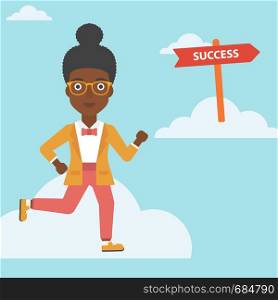 An african-american young business woman running in the sky near direction sign success. Vector flat design illustration. Square layout.. Business woman moving to success.